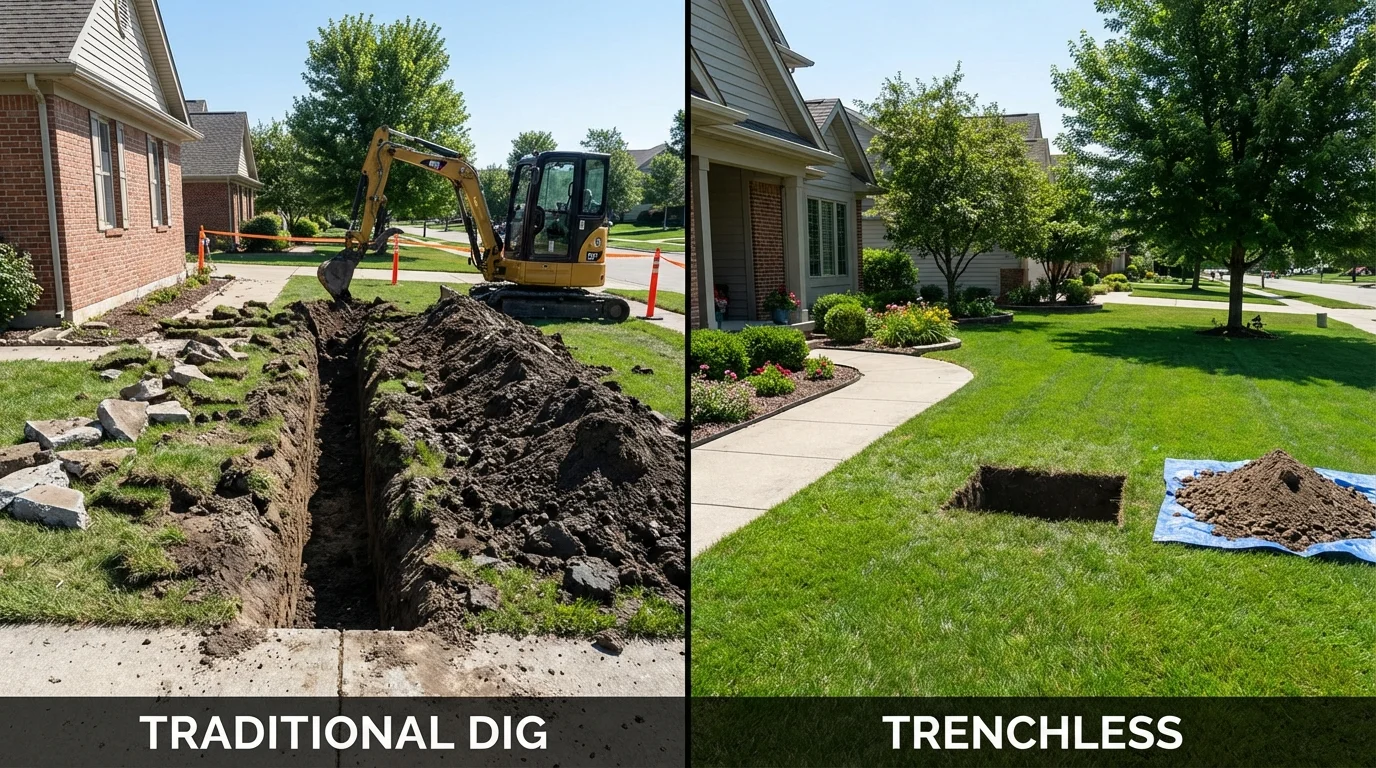 Trenchless sewer repair with minimal yard damage versus traditional excavation in Troup, TX