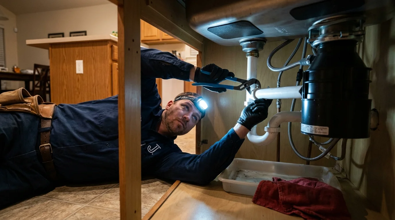 P-trap and supply line connections under a kitchen sink showing a common leak point in Troup, TX